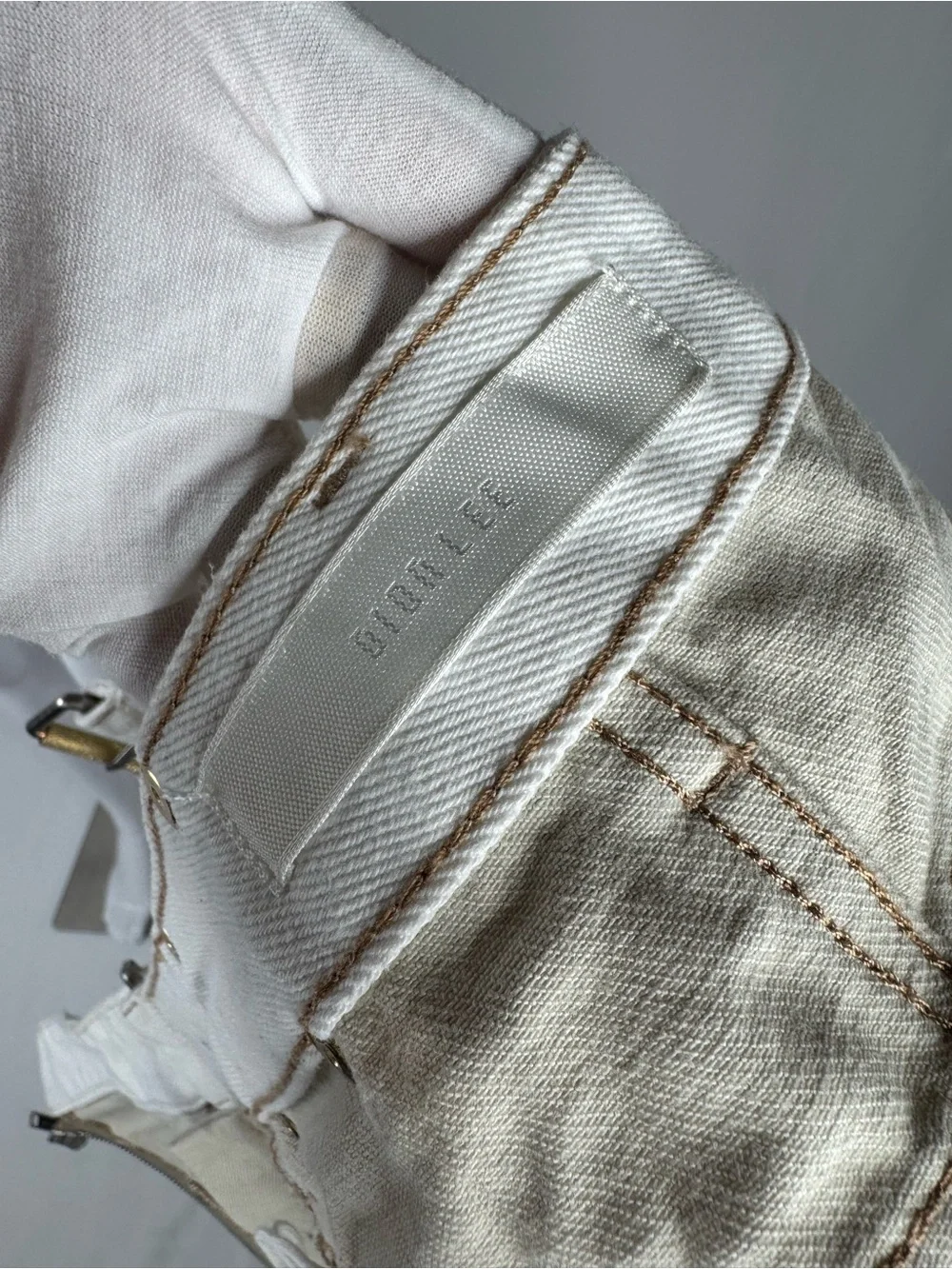 DION LEE | Beige & White Denim Mini Skirt | Size 4